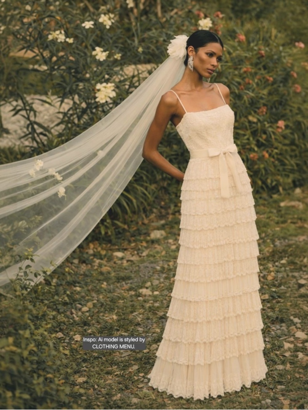 Vintage Cream Wedding Dress Pleated Lace Mesh Tiered Column Maxi Gown Size 5/6